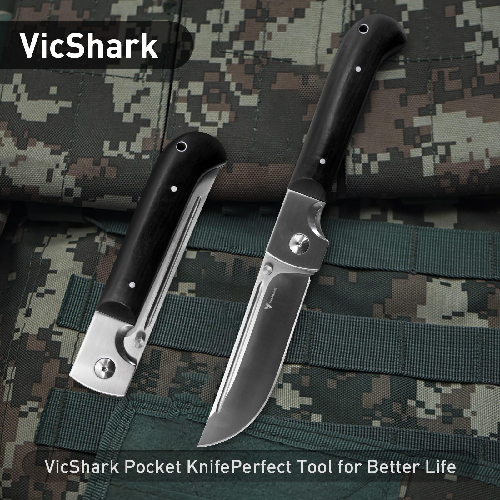 VicShark Pocket Knife, Hunting knives knives for men D2 Steel Blade Ebony Handle EDC Knife with Pocket Sharp Camping Survival Hiking Knives With Keychain