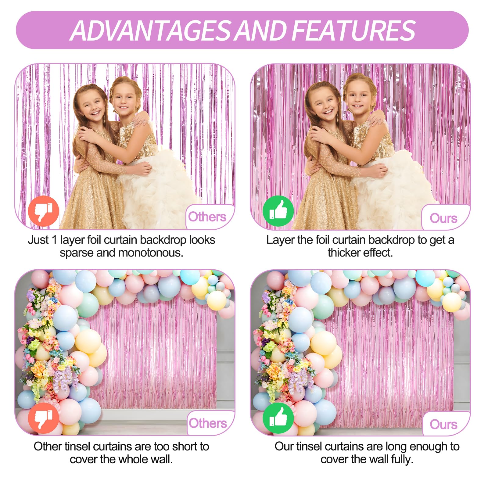 2 Pack Pink Foil Fringe Curtains Streamers Party Decorations 3.3 x 8.2 ft, Pink Tinsel Curtain Fringe Backdrop for Parties, Door Fringe Birthday Streamers, Barbie Backdrop Birthday Party Decorations