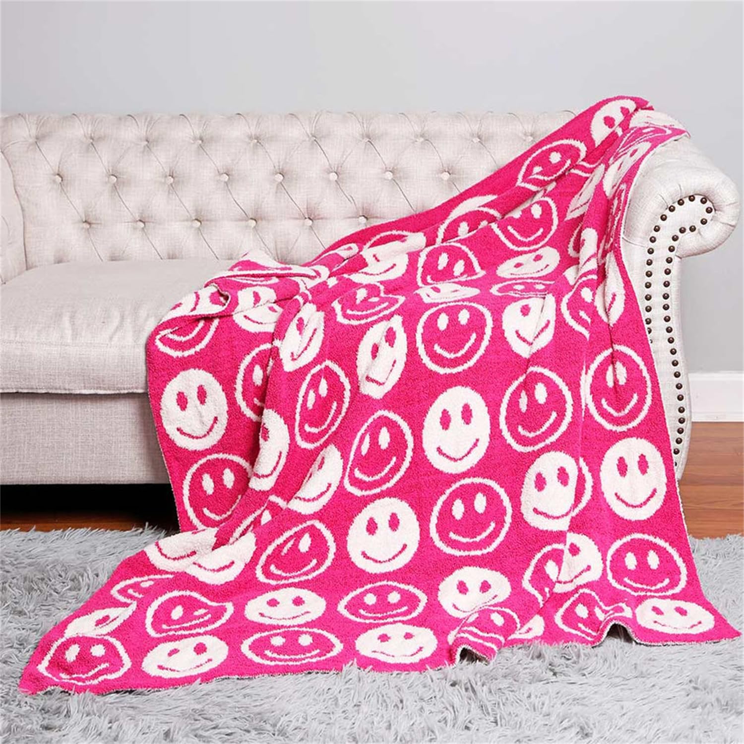 Happy Face Knitted Throw Blankets Reversible Soft Knit Blanket with Two-Toned Cute Pattern Bed Throws Fuzzy Kids Blanket Warm Cozy for Home Couch Sofa (Rosy)