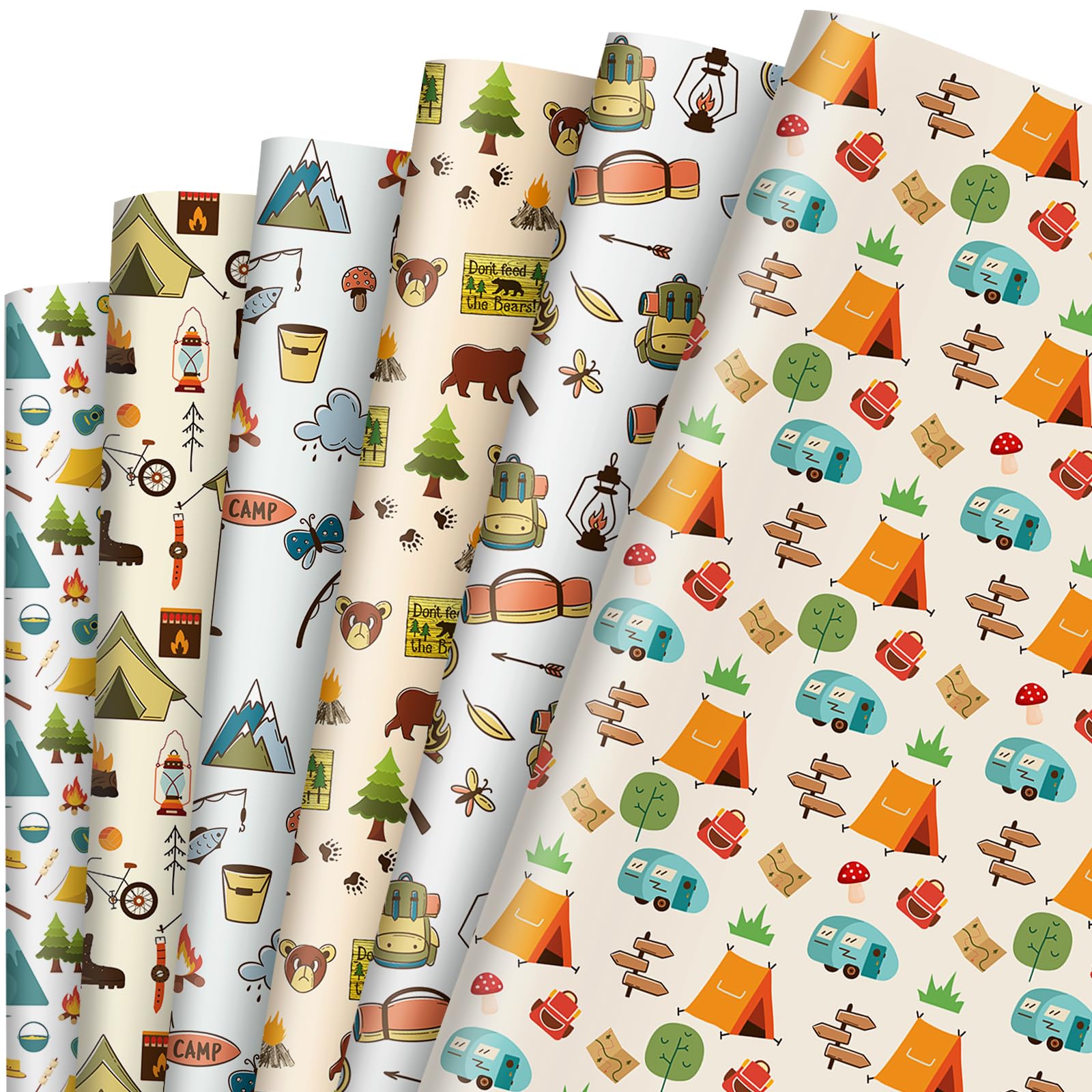 Whaline 12 Sheet Camping Wrapping Paper Tent Bear Tree Mountain Gift Wrap Paper Folded Flat DIY Craft Art Paper for Camp Theme Party Decor Wrapping Supplies