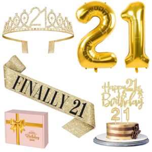 21st birthday decorations for her include 21st birthday tiara and finally 21 sash , 21st birthday cake topper and 21 birthday candles, gold 21 balloons, 21st birthday gifts for her set (gold)