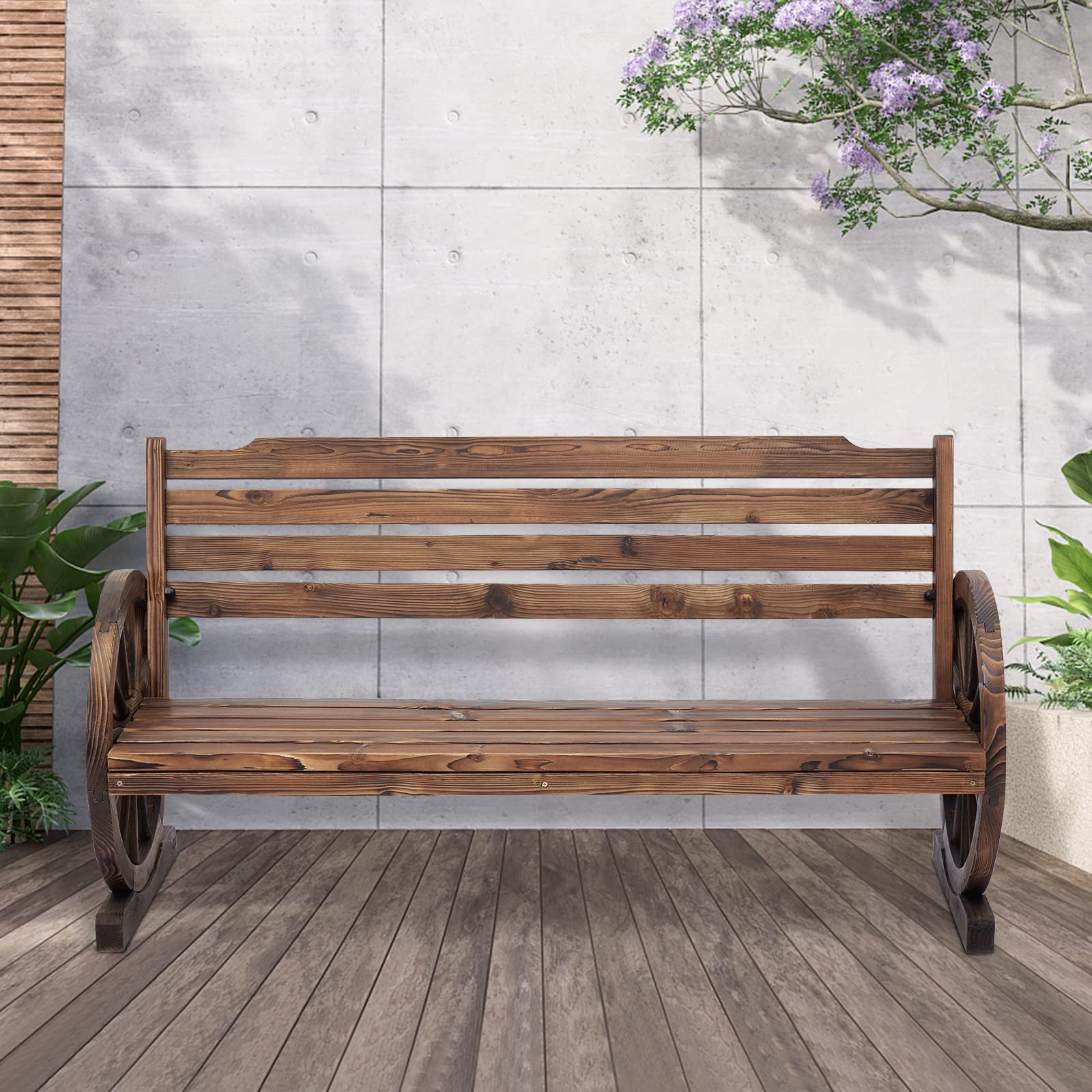 JSUN7 Wagon Wheel Bench Outdoor - 55 Inches Wooden Outdoor Garden Bench Seat with Backrest, Outdoor Bench Patio Furniture, Rustic Brown Bench for Porch Yard Lawn Patio