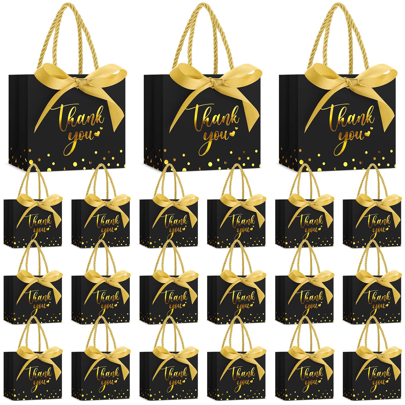 Jetec 45 Pcs Mini Paper Gift Bag Bulk 5.5x4.7x2.5'' Thank You Gift Bag with Handle Small Favor Bag with Bow Ribbon for Christmas Wedding Baby Bridal Shower Birthday Party(Black/gold)