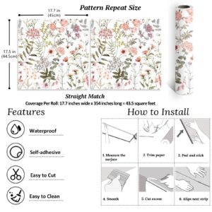 VEELIKE 17.7''x354'' Peach Pink Wildflowers Floral Wallpaper Mural Peel and Stick Pink Floral Contact Paper for Walls Shelves Nursery Wallpaper Removable Adhesive Floral Vinyl Wallpaper for Bedroom