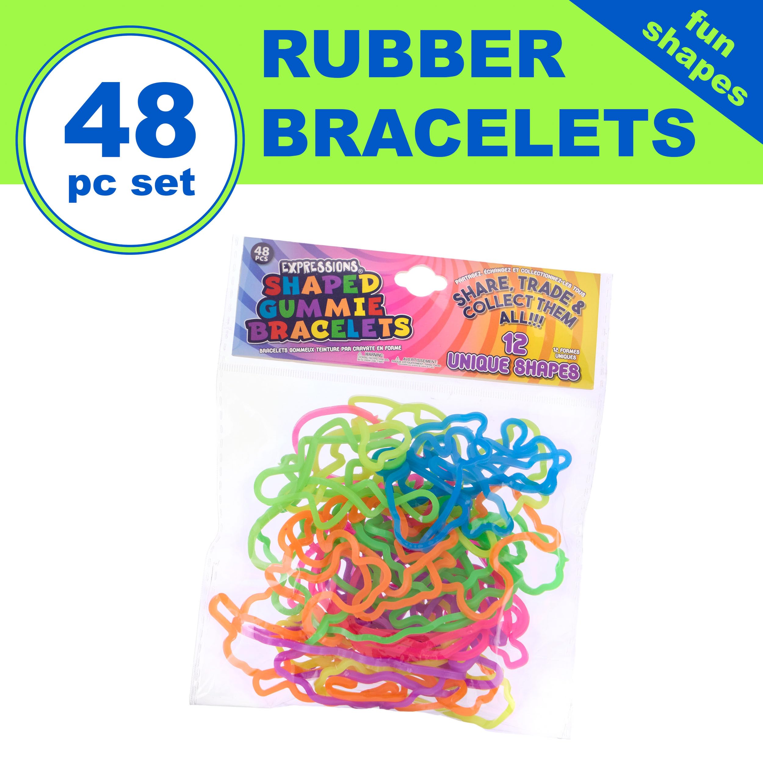 Expressions 48pc Shaped Gummie Bracelets - Bulk Pack Bright Colored Shaped Rubberband Bracelets | Bracelet Rubber Bands Kit, Rubber Bracelets For Kids & Kids Party Favors, Colored Rubber Bands