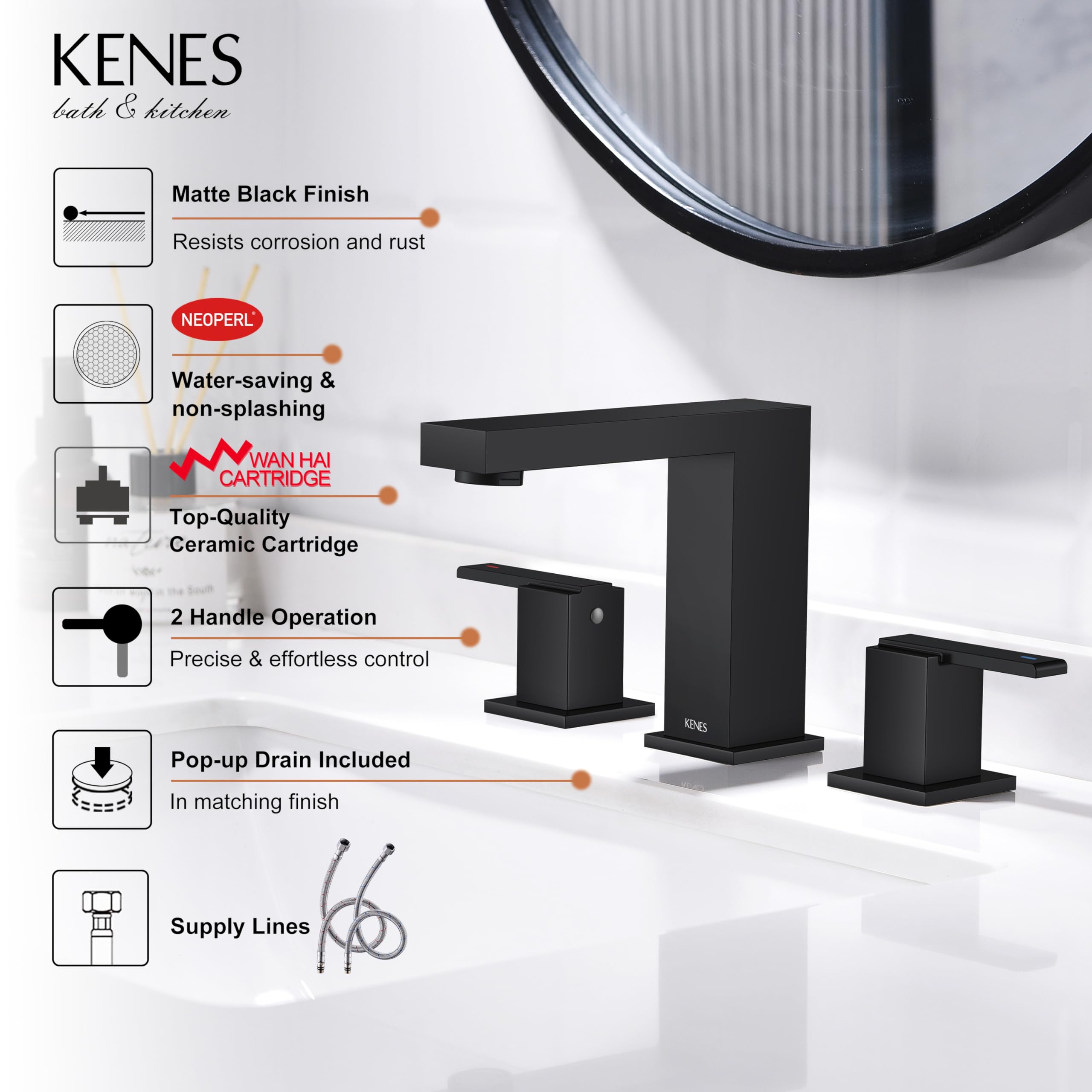 KENES Black Widespread Bathroom Faucet 3 Hole Bathroom Sink Faucet Matte Black Two Handle, 8-Inch 3 Pieces Bathroom Vanity Faucet with Pop Up Drain & Supply Lines, KE-9050-2-P