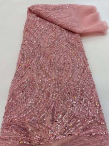 french tulle mesh lace fabric embroidery with sequins and beads for sewing clothing 5 yards (pink)