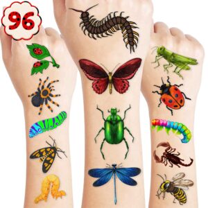 bug temporary tattoos insect party favors 96 pcs bees, spiders, beetles, caterpillar, ladybug themed stickers for kids birthday party supplies, decorations, favors, and prizes - cute gifts for boys