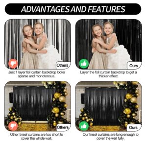 2 Pack Black Foil Fringe Curtains Streamers Party Decorations 3.3 x 8.2 ft, Black Tinsel Curtain Fringe Backdrop for Parties, Door Fringe Birthday Streamers, Photo Booth Backdrops, Party Décor