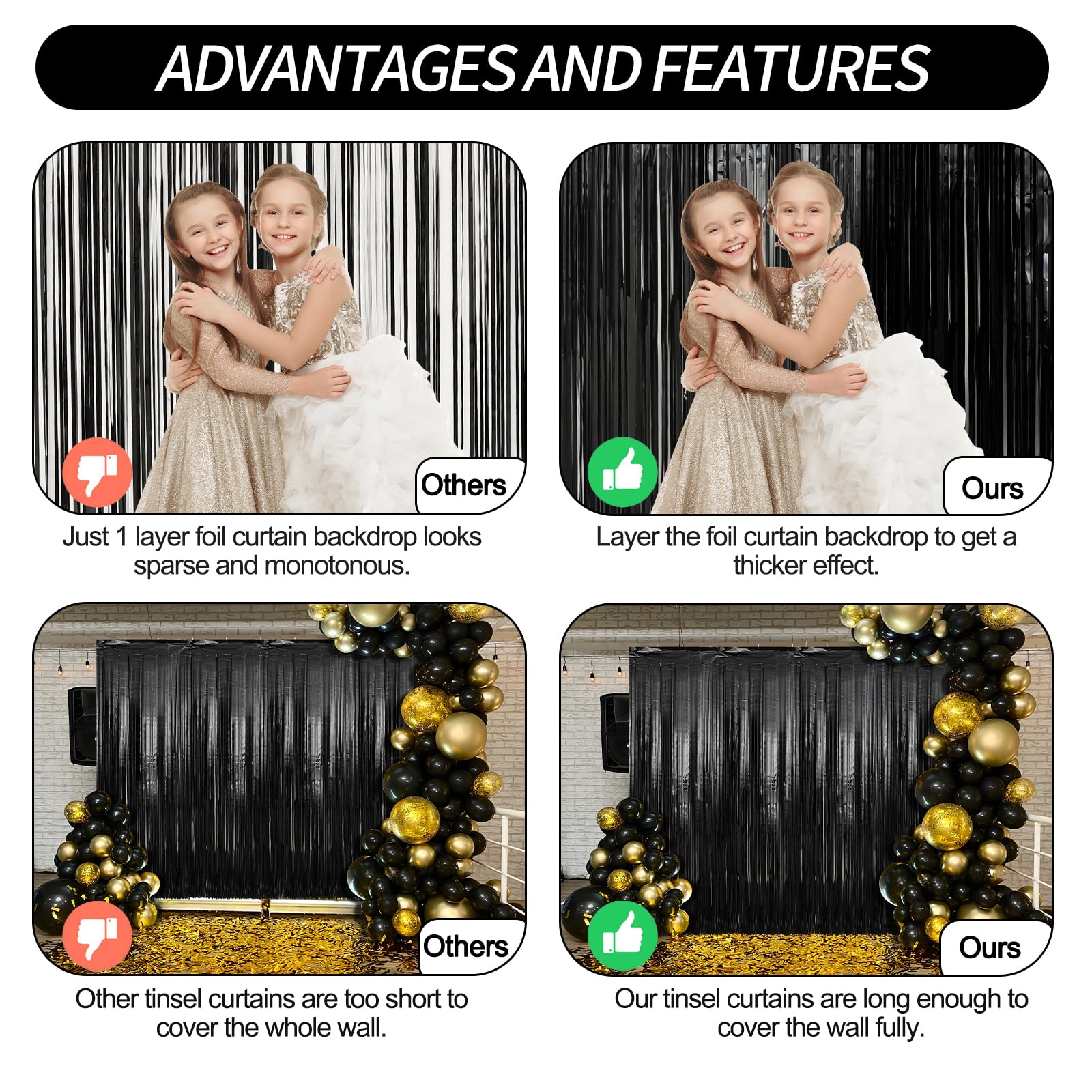 2 Pack Black Foil Fringe Curtains Streamers Party Decorations 3.3 x 8.2 ft, Black Tinsel Curtain Fringe Backdrop for Parties, Door Fringe Birthday Streamers, Photo Booth Backdrops, Party Décor