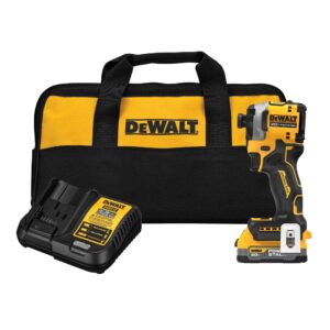 dewalt 20v max atomic cordless impact drill driver kit, 1/4 inch, battery and charger included (dcf850e1)