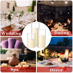 Shihanee Set of 3 Ivory White Pillar Candles and 3 Glass Cylinder Candle Holders for Slim Candles Wedding Halloween Thanksgiving Day Christmas Centerpieces, 2.6'' x 4.7'', 5.9'', 7.9''