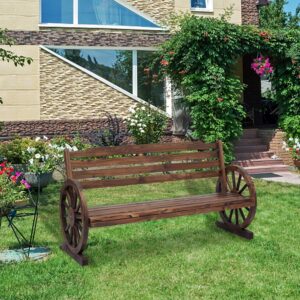 JSUN7 Wagon Wheel Bench Outdoor - 55 Inches Wooden Outdoor Garden Bench Seat with Backrest, Outdoor Bench Patio Furniture, Rustic Brown Bench for Porch Yard Lawn Patio