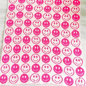 Happy Face Knitted Throw Blankets Reversible Soft Knit Blanket with Two-Toned Cute Pattern Bed Throws Fuzzy Kids Blanket Warm Cozy for Home Couch Sofa (Rosy)