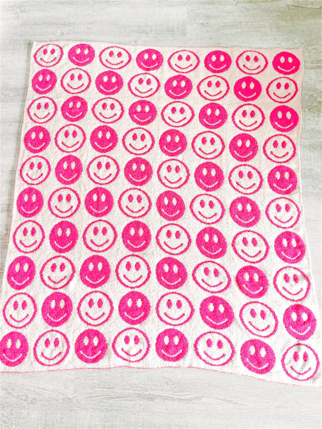 Happy Face Knitted Throw Blankets Reversible Soft Knit Blanket with Two-Toned Cute Pattern Bed Throws Fuzzy Kids Blanket Warm Cozy for Home Couch Sofa (Rosy)