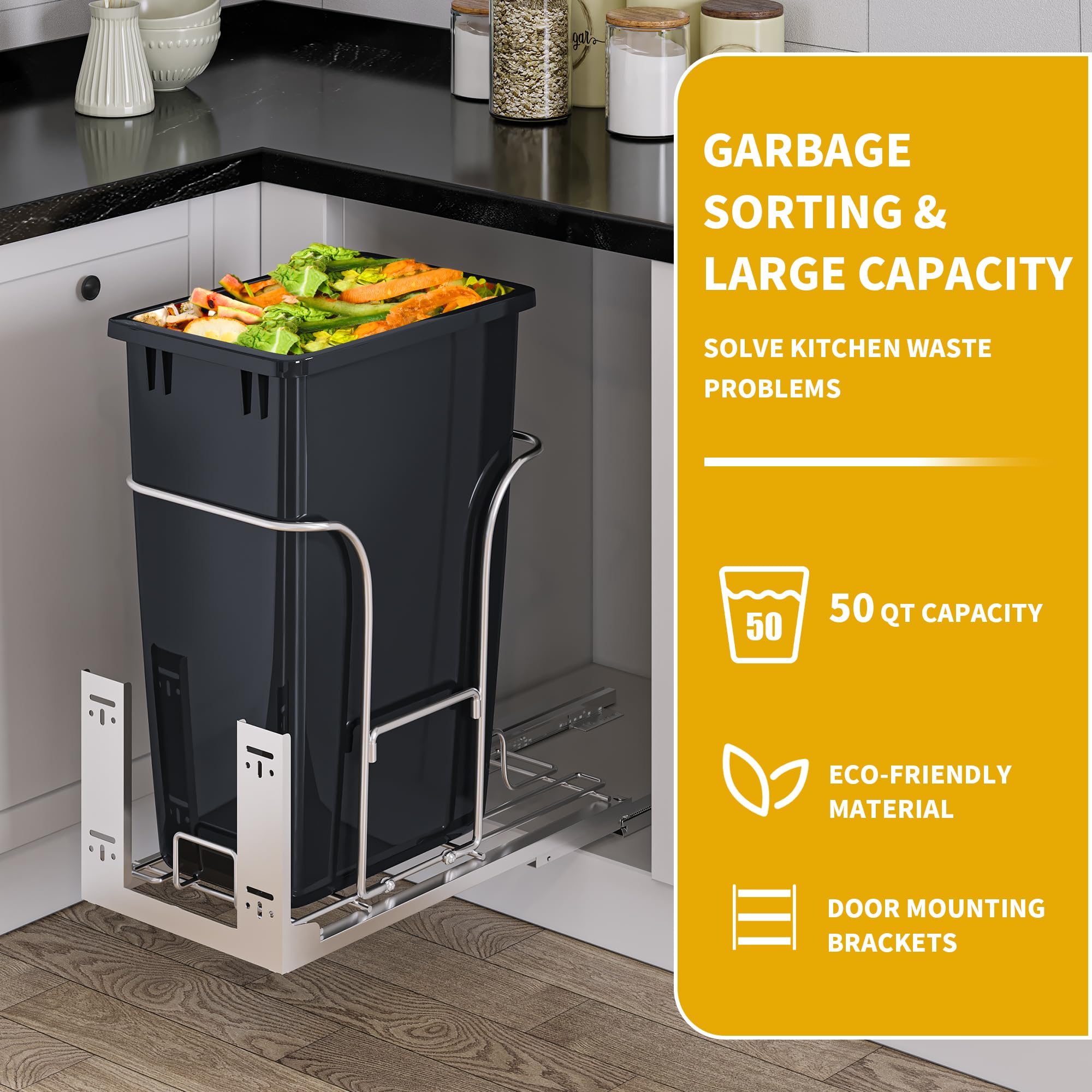 50-Quart (XL) Pull-Out Trash Can with Lid for 14.2" W x 22.2" D x 29.5" H Min Cabinets, Sliding Under Mount Kitchen Pullout Waste Container Trash Can, Black