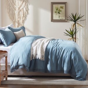 SunStyle Home Blue Grey Duvet Cover Queen Size,3pcs Washed Microfiber Bedding Set,Soft Breathable Tassel Duvet Cover Set with Zipper Closure and Corner Ties for All Seasons (No Comforter)