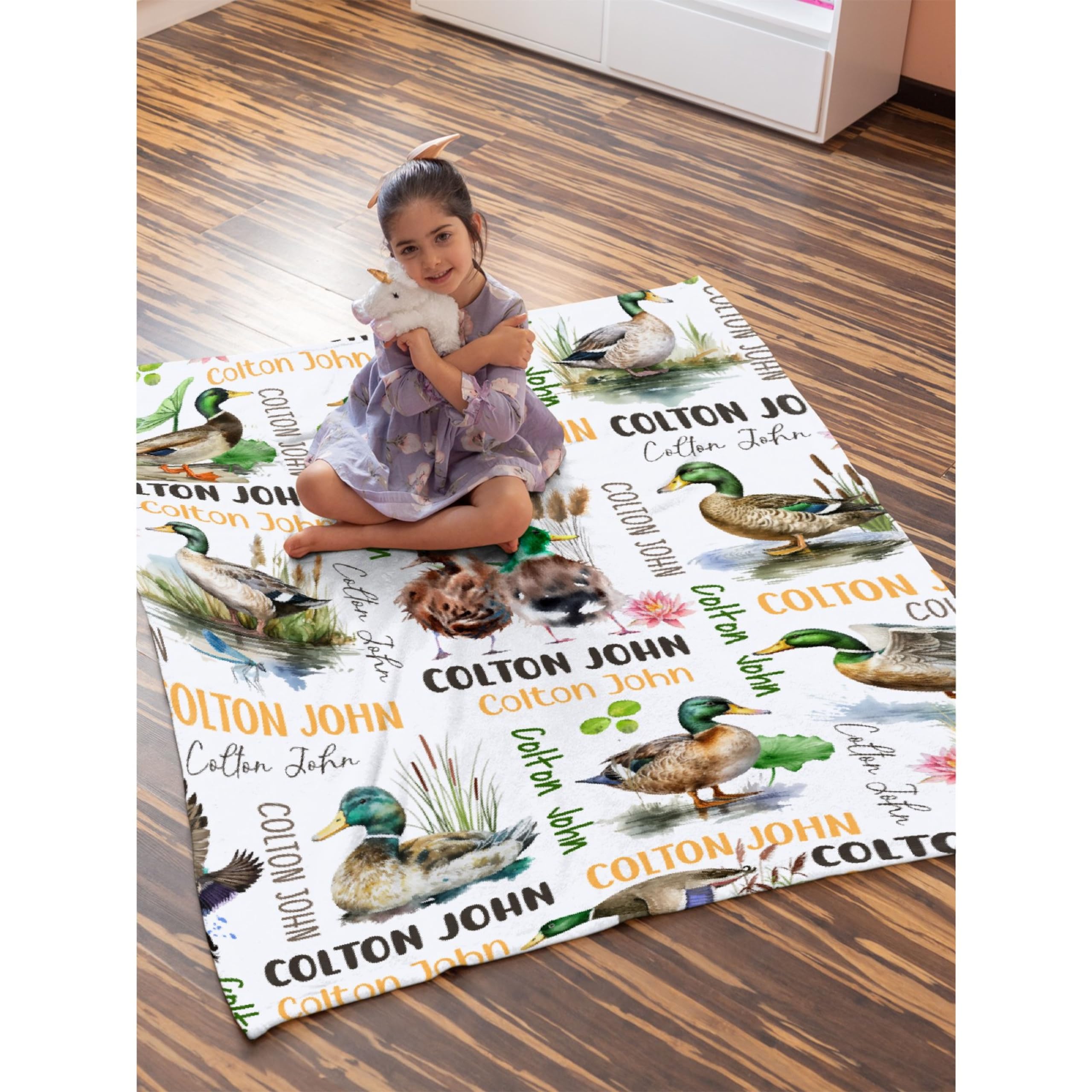 Buyyet Personalized Mallard Duck Custom Fleece Flannel Gift Blanket with Name Lightweight Soft Throw Blanket Cute Cozy Blanket for Bed Couch Travel Outdoor 30''x 40'' for Baby/Pets