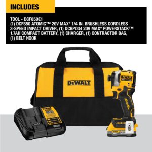 DEWALT 20V MAX ATOMIC Cordless Impact Drill Driver Kit, 1/4 Inch, Battery and Charger Included (DCF850E1)