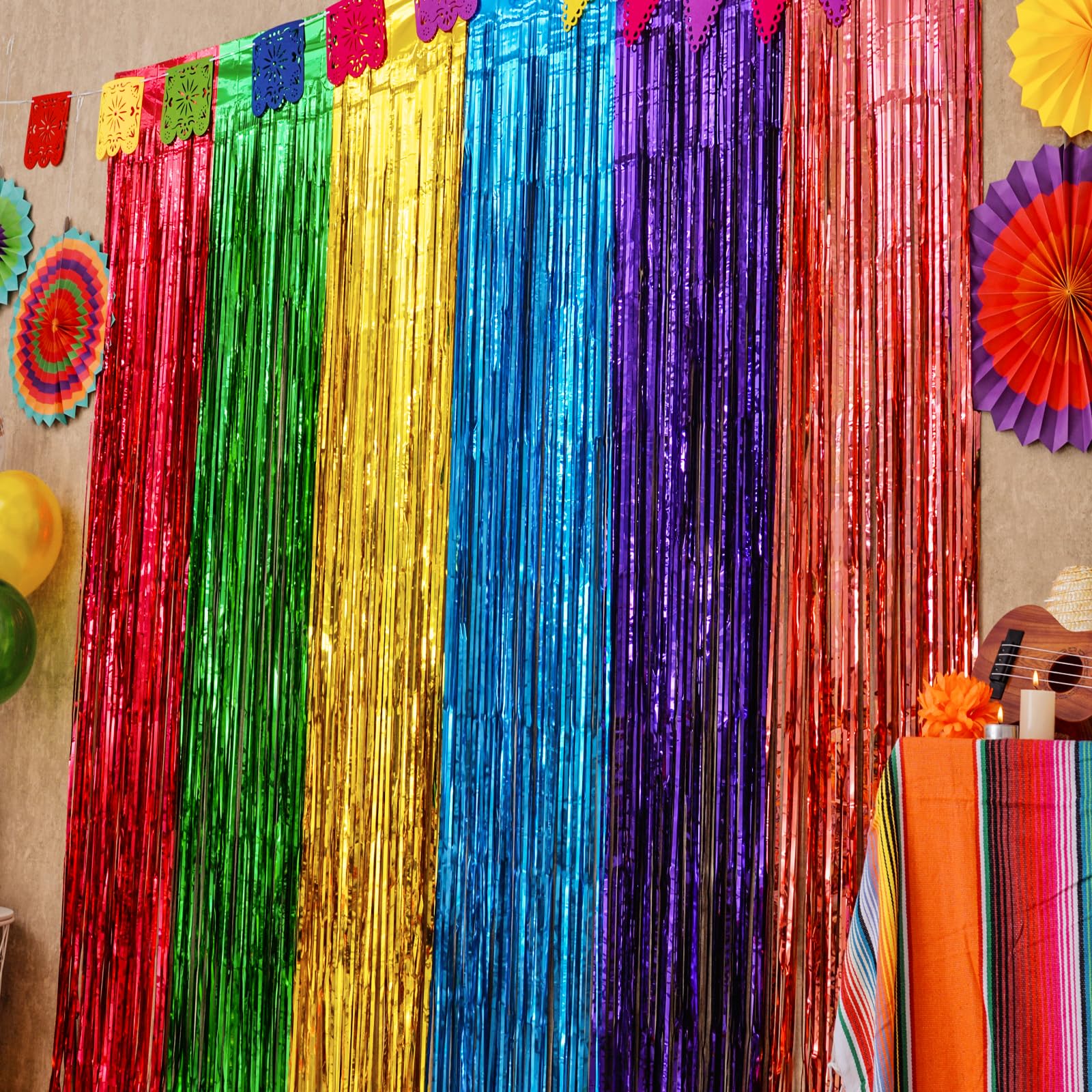 Mega-L Fiesta Party Decorations Foil Fringe Curtains,2 Pack Mexican 3.3x6.6ft Tinsel Streamers for Dia De Los Muertos Day of The Dead Decorations Backdrop,Cinco de Mayo Taco Party Photo Booth Props