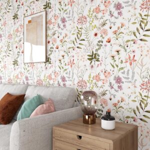 VEELIKE 17.7''x354'' Peach Pink Wildflowers Floral Wallpaper Mural Peel and Stick Pink Floral Contact Paper for Walls Shelves Nursery Wallpaper Removable Adhesive Floral Vinyl Wallpaper for Bedroom