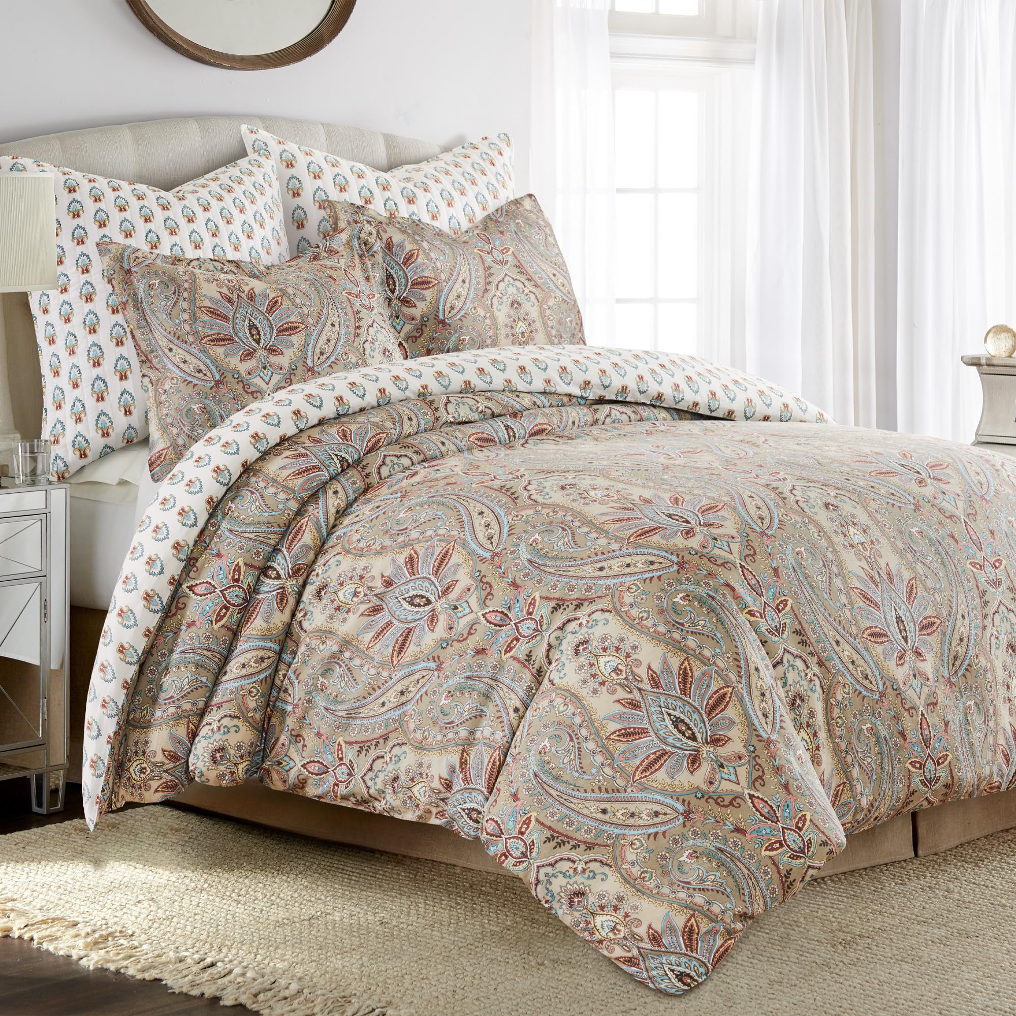 Levtex Home - Kasey Duvet Cover Set - Full/Queen Duvet Cover + Two Standard Pillow Cases - Paisley - Red, Beige, Maroon, Taupe and Blue - Duvet Cover (90 x 94in.) and Pillow Case (26 x 20in.) - Cotton