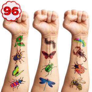 Bug Temporary Tattoos Insect Party Favors 96 PCS Bees, Spiders, Beetles, Caterpillar, Ladybug Themed Stickers for Kids Birthday Party Supplies, Decorations, Favors, and Prizes - Cute Gifts for Boys