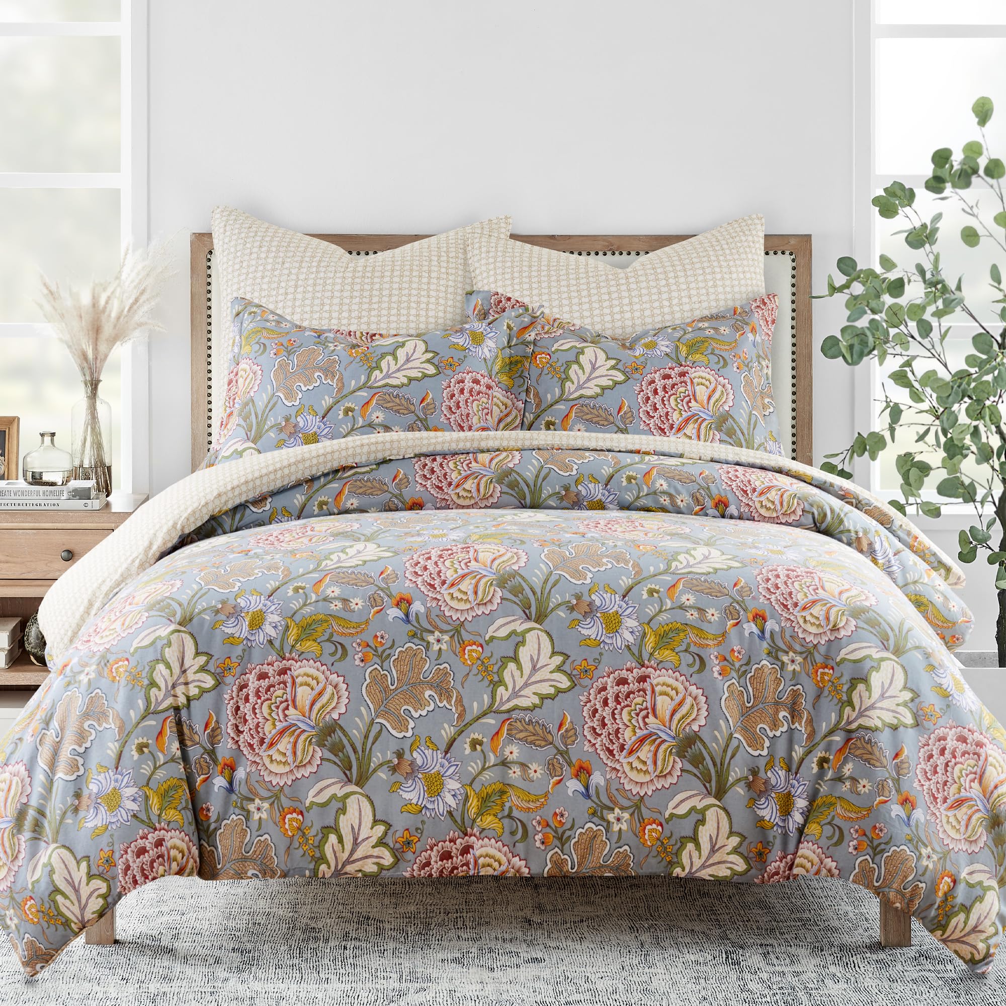 Levtex Home - Angelica Duvet Cover Set - Full/Queen Duvet Cover + Two Standard Pillow Cases - Floral - Blue Grey Taupe Green Maroon - Duvet Cover (90 x 94in.) and Pillow Case (26 x 20in.) - Cotton