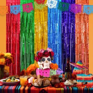 Mega-L Fiesta Party Decorations Foil Fringe Curtains,2 Pack Mexican 3.3x6.6ft Tinsel Streamers for Dia De Los Muertos Day of The Dead Decorations Backdrop,Cinco de Mayo Taco Party Photo Booth Props