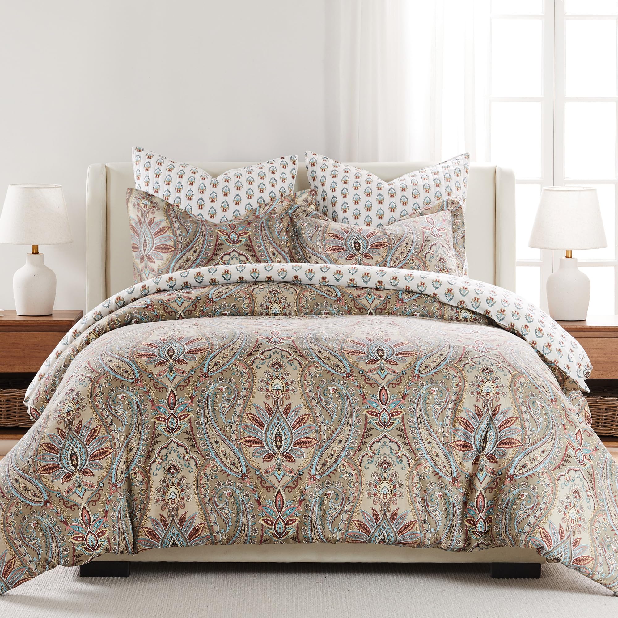 Levtex Home - Kasey Duvet Cover Set - Full/Queen Duvet Cover + Two Standard Pillow Cases - Paisley - Red, Beige, Maroon, Taupe and Blue - Duvet Cover (90 x 94in.) and Pillow Case (26 x 20in.) - Cotton