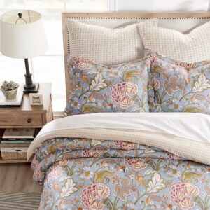 Levtex Home - Angelica Duvet Cover Set - Full/Queen Duvet Cover + Two Standard Pillow Cases - Floral - Blue Grey Taupe Green Maroon - Duvet Cover (90 x 94in.) and Pillow Case (26 x 20in.) - Cotton