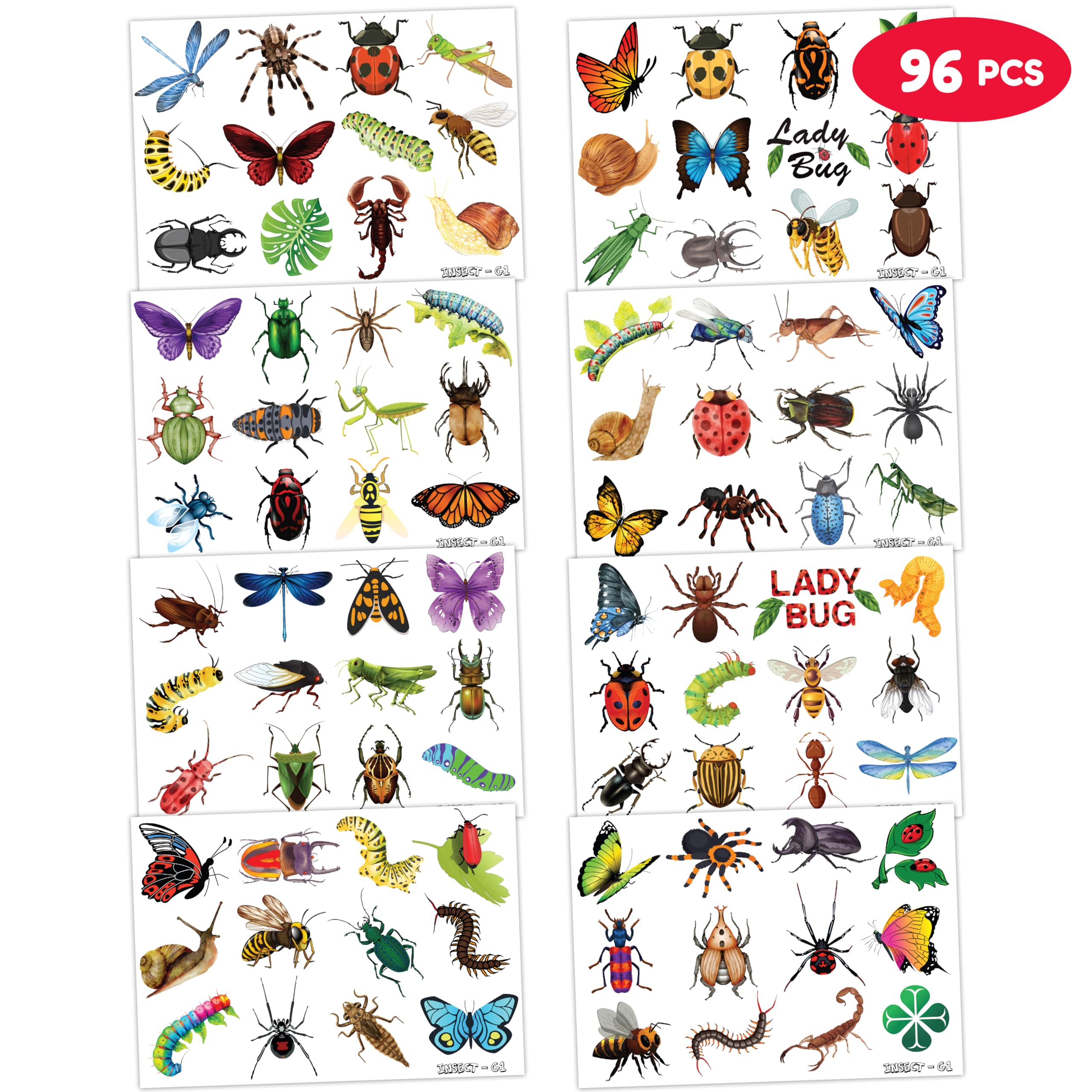 Bug Temporary Tattoos Insect Party Favors 96 PCS Bees, Spiders, Beetles, Caterpillar, Ladybug Themed Stickers for Kids Birthday Party Supplies, Decorations, Favors, and Prizes - Cute Gifts for Boys