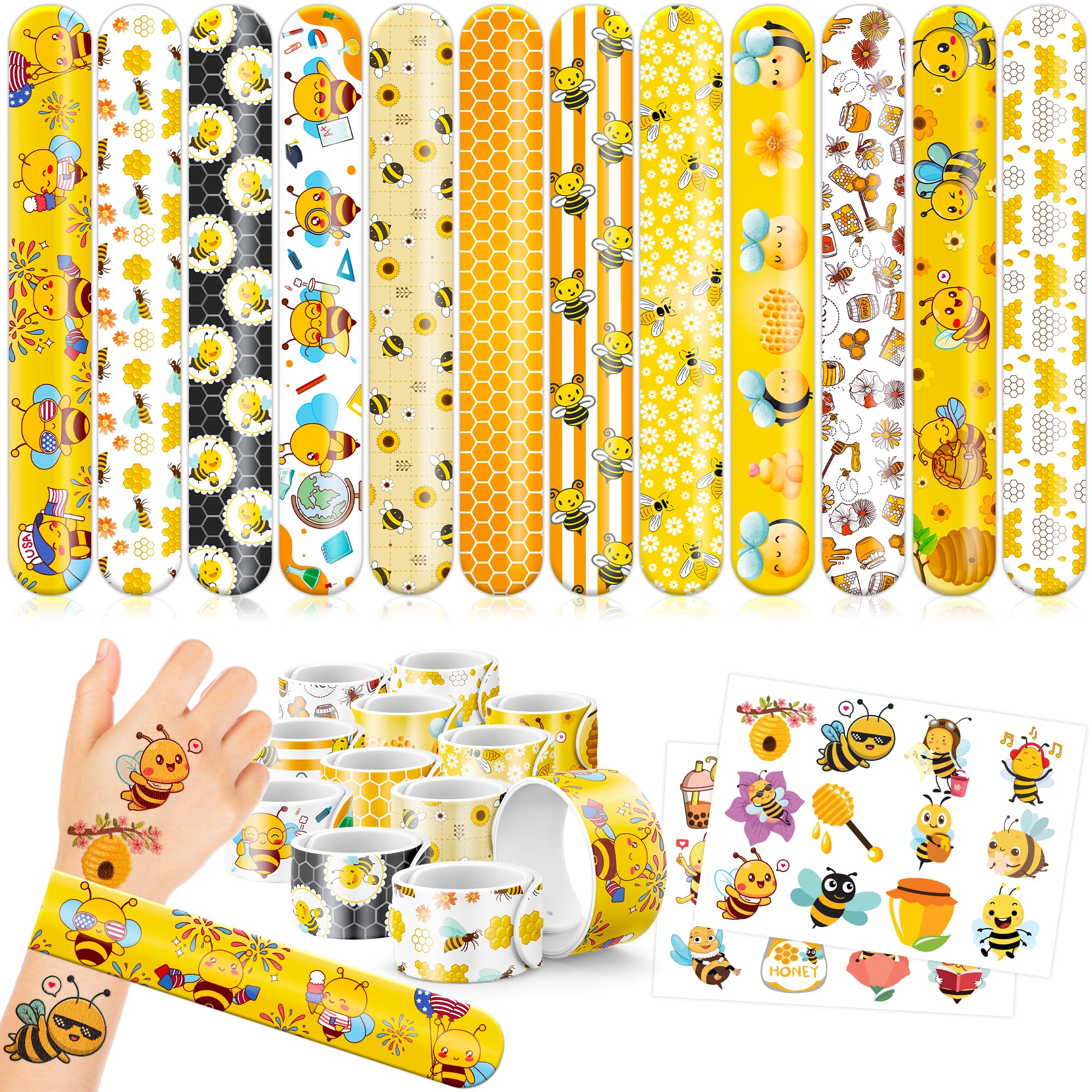 48PCS Bee Party Favors 24PCS Tattoos 24PCS Slap Bracelets Wristbands Themed Birthdays Party Supplies Decorations Decor Honey Bee Day Pattern Girl Gifts School Classroom Prize Baby Shower