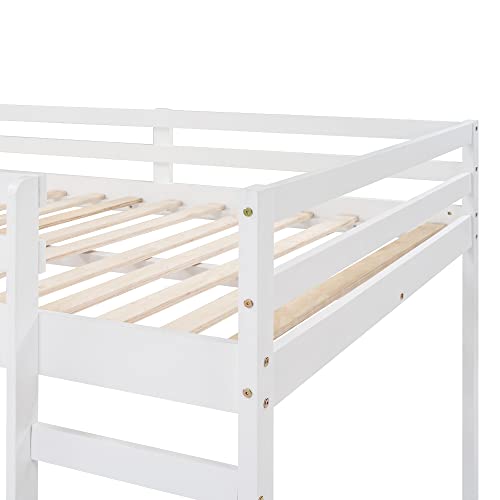 LostCat Full Loft Beds with Slide, Kids Loft Bed with Slide, Wood Full Size Low Loft Bed with Slide and Ladder, Wood Low Loft Bed Frame with Ladder, Wooden Child Bed Frame for Boys Girls, White