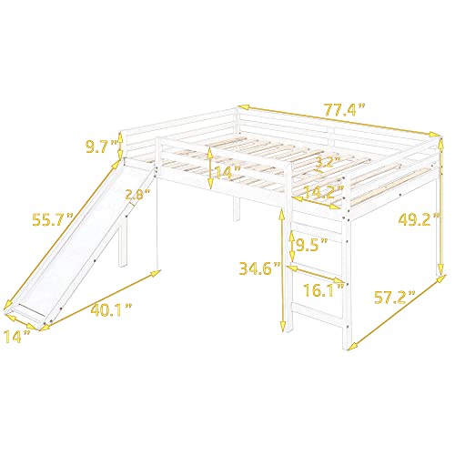 LostCat Full Loft Beds with Slide, Kids Loft Bed with Slide, Wood Full Size Low Loft Bed with Slide and Ladder, Wood Low Loft Bed Frame with Ladder, Wooden Child Bed Frame for Boys Girls, White