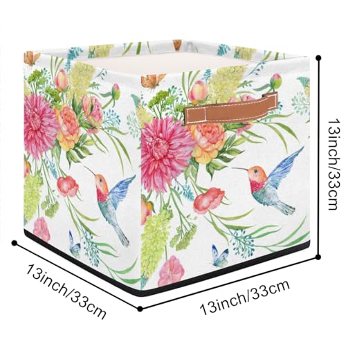 13x13x13 Storage Cube Bins Pink Blue Floral Bird Storage Cubes 13 inch Collapsible Storage Bins Cubby Storage Baskets for Organizing Shelf Cabinet Bookcase Boxes