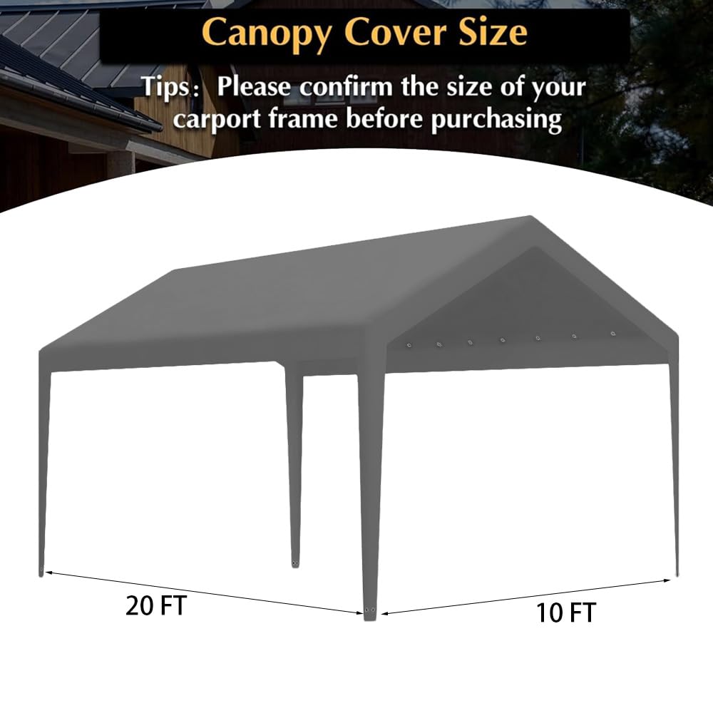 Carport Replacement Canopy, Replacement Top Cover for 10' x 20' Carport Frame, 180G PE Fabric Waterproof & UV Protected Tarp with Ball Bungees, Grey (Only Top Cover, Frame is not Included)