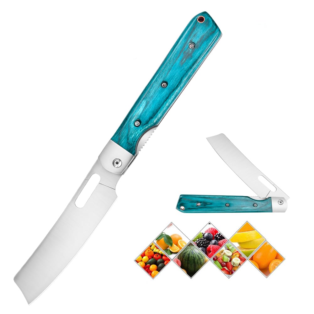 Camping Kitchen Knife Pocket Chef Knife Home Cook Starter 4 inch Sharp 8Cr14Mov Stainless Steel Blade Blue Wood Handle Japanese Style Folding Universal knife for Outdoor Cooking BBQ