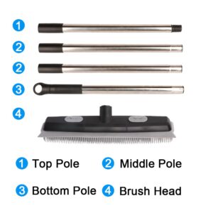 Pet Hair Rubber Broom with Carpet Rake and Squeegee, 2 in 1 Floor Brush for Carpet, 58 inch Adjustable Handle,Silicone Broom Black