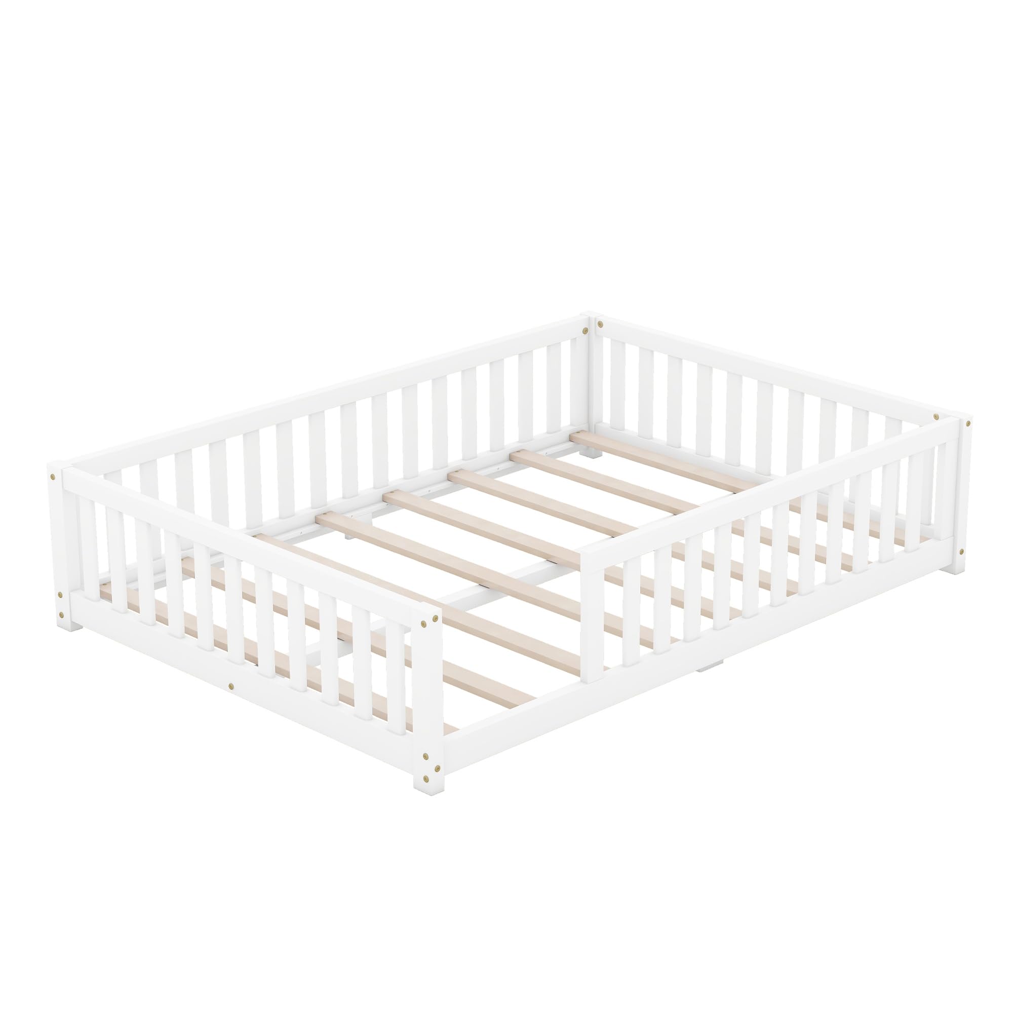 Full Size Floor Bed for Kids, Wood Montessori Bed with Slats, Safety Fence & Door, Playhouse Floor Bed Frame with Rails for Girls Boys Children Teens, White