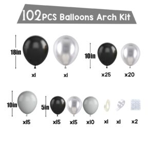 Black and Silver Balloon Arch Kit, 102Pcs Metallic Silver and Black Balloon Garland Kit Black Gray Party Balloons Grey Silver Latex Balloons for Birthday Party Baby Shower Wedding Bridal Shower