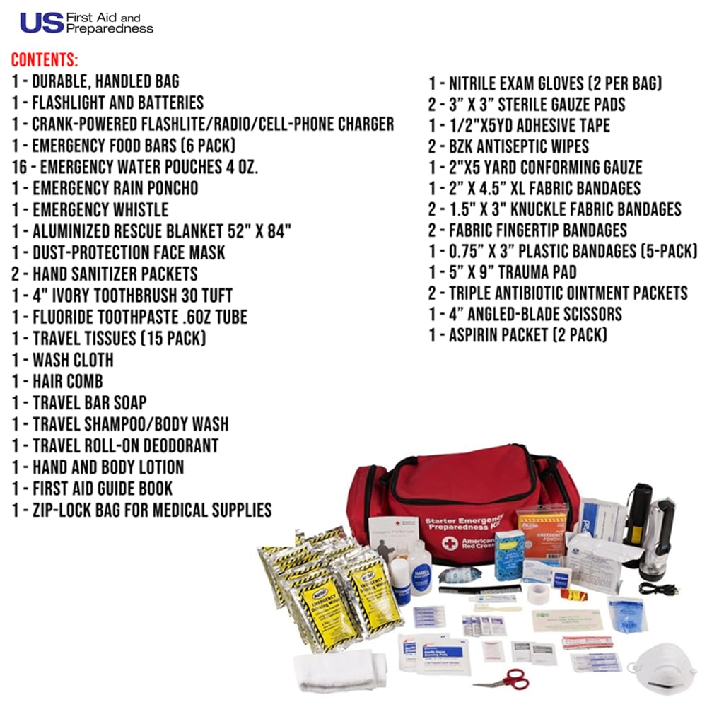 American Red Cross Officially Licensed Product, First Aid Concepts Basic Emergency Preparedness Starter Kit, 12 Hour Survival Supplies for 1 Person, Water, Phone Charger, Blanket, Food