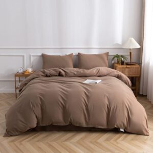 tazmkezm mocha duvet cover 100% washed cotton duvet cover set, 3 pcs breathable soft bedding set linen textured. solid color pattern duvet cover full size (80x90 inch)