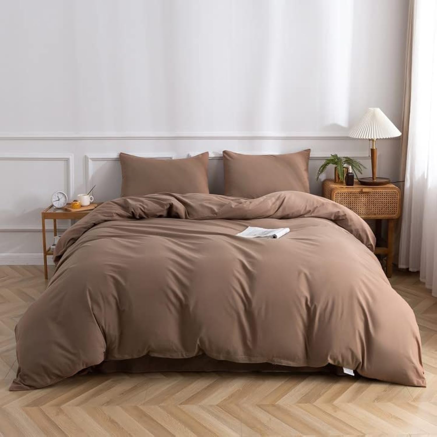 TazmKezm Mocha Duvet Cover 100% Washed Cotton Duvet Cover Set, 3 PCs Breathable Soft Bedding Set Linen Textured. Solid Color Pattern Duvet Cover Full Size (80x90 Inch)