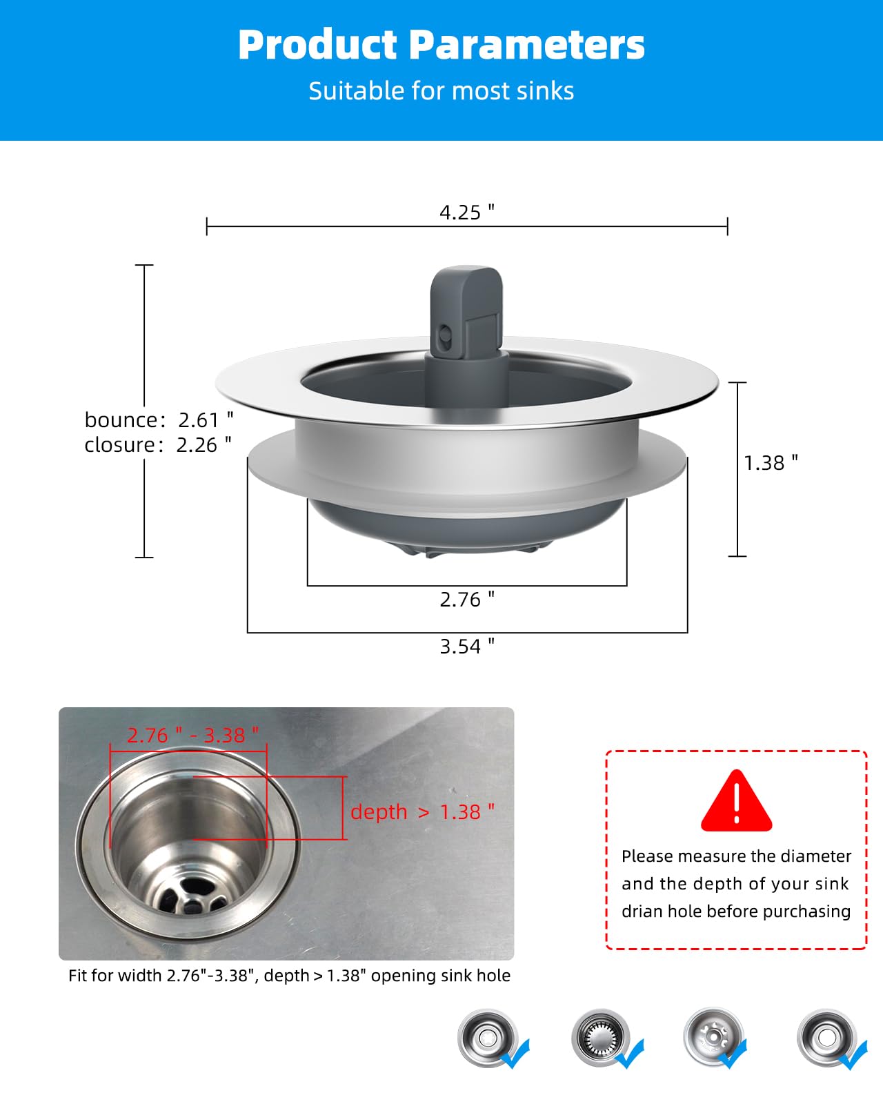 Hibbent 3 in 1 Kitchen Sink Drain Strainer and Stopper Combo, Chrome Stainless Steel Wraped Shell, Anti-Clogging Basket Strainer with Foldable Handle for US Standard 3-1/2" Drain