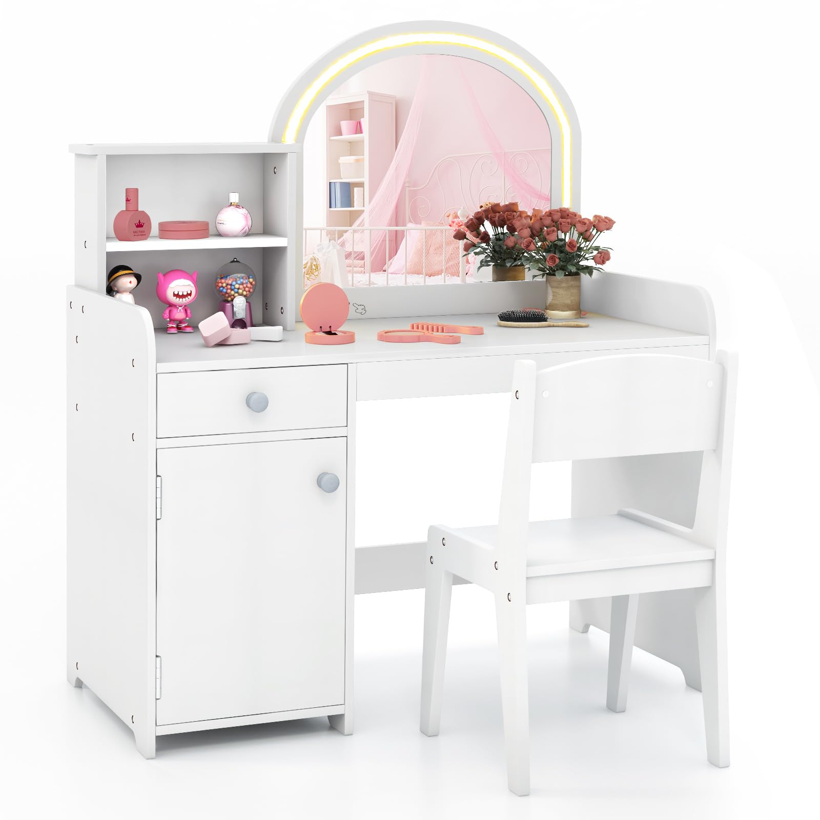 HONEY JOY Kids Vanity Set with Lighted Mirror, 2 in 1 Princess Toddler Dressing Table w/Open Storage Shelves & Drawer, Wooden Makeup Table & Chair Set, Pretend Play Vanity Set for Little Girls, White