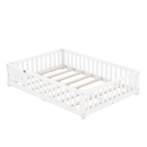 Full Size Floor Bed for Kids, Wood Montessori Bed with Slats, Safety Fence & Door, Playhouse Floor Bed Frame with Rails for Girls Boys Children Teens, White