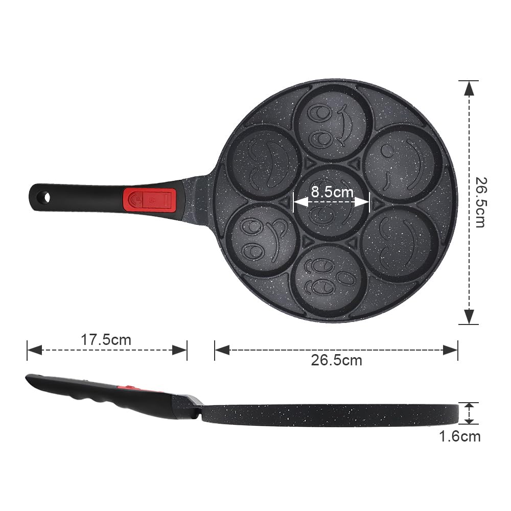 RANXINGST Pancake Pan 7 Holes, Non Stick Mini Crepe Pan with Detachable Handle, Pancake Mold for Kids, Oven Safe, Black