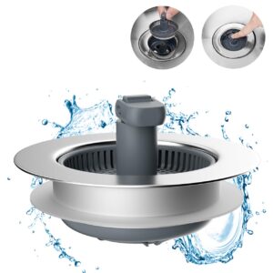 Hibbent 3 in 1 Kitchen Sink Drain Strainer and Stopper Combo, Chrome Stainless Steel Wraped Shell, Anti-Clogging Basket Strainer with Foldable Handle for US Standard 3-1/2" Drain