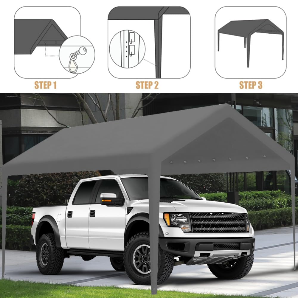 Carport Replacement Canopy, Replacement Top Cover for 10' x 20' Carport Frame, 180G PE Fabric Waterproof & UV Protected Tarp with Ball Bungees, Grey (Only Top Cover, Frame is not Included)